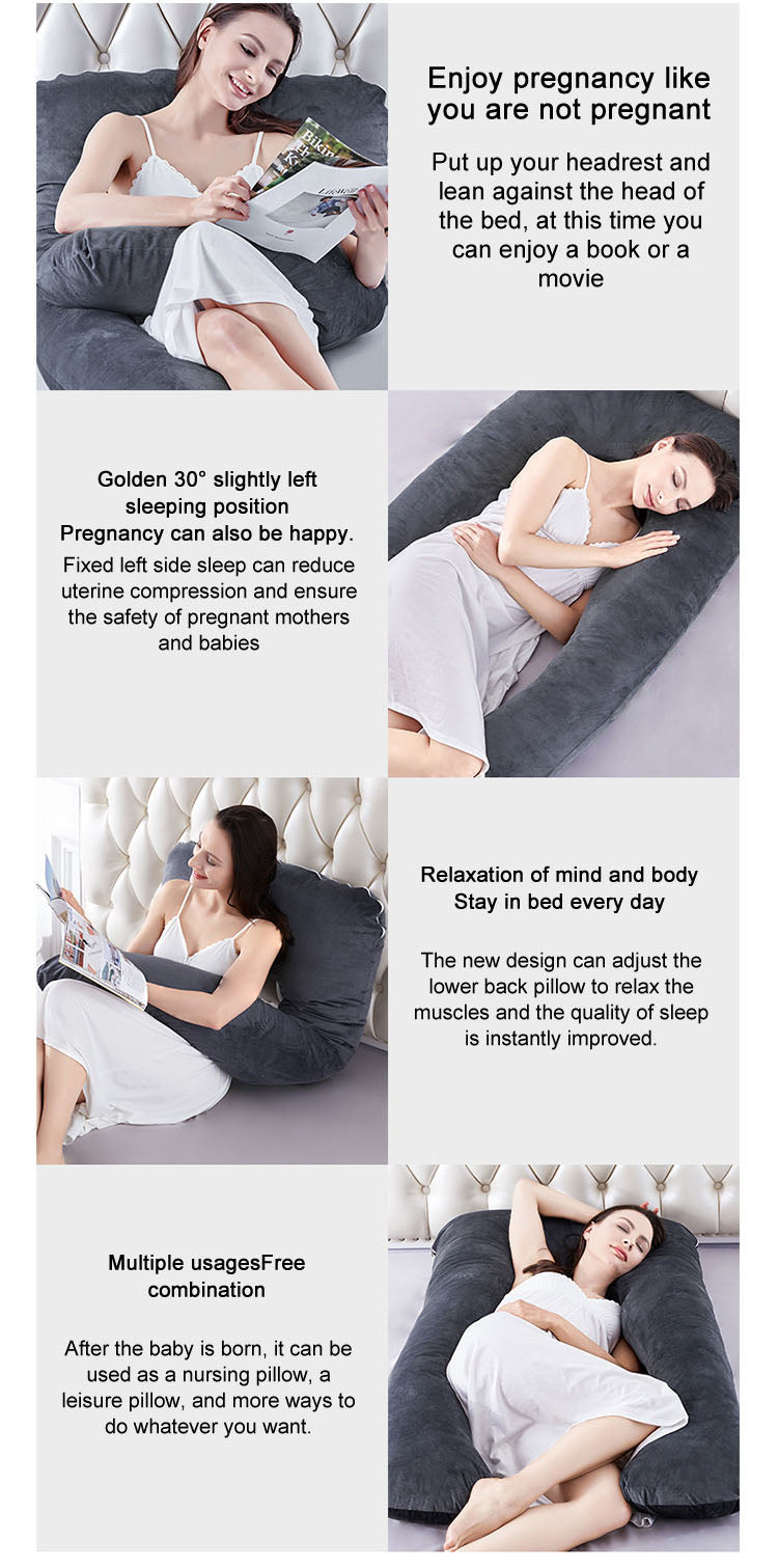 Velvet U-Shaped Pregnancy Pillow, Soft Maternity Body Support for Back & Belly